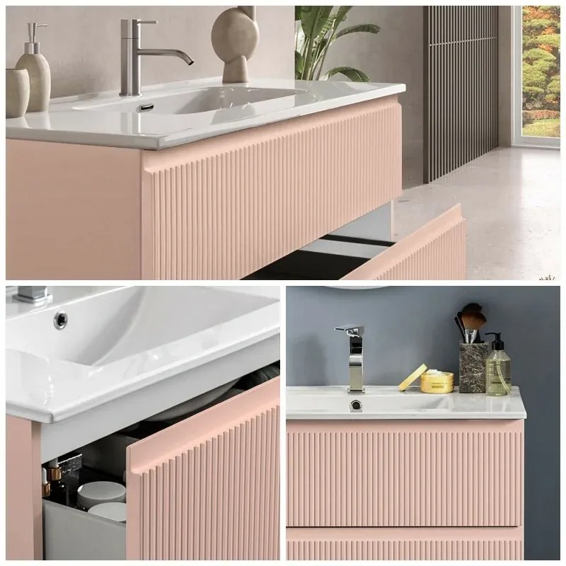 Mobile bagno sospeso 80 cm rosa opaco con frontale cannettato Giava