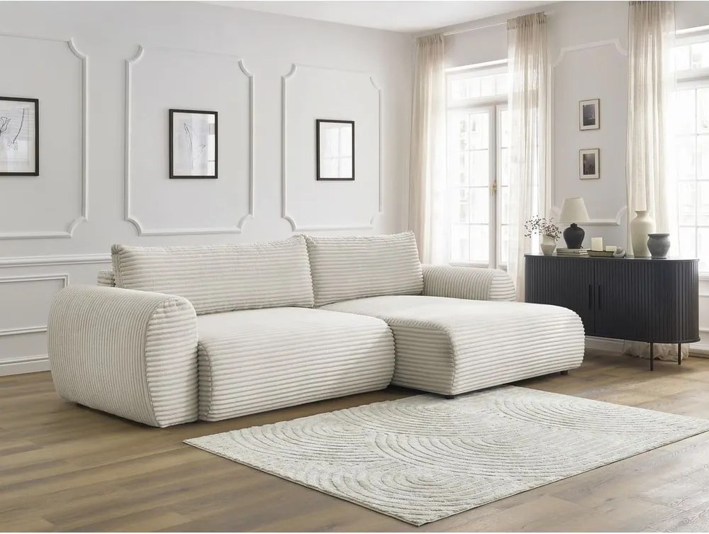 Divano angolare color crema allungabile (con penisola a destra) con rivestimento in velluto a coste Lucien – Bobochic Paris