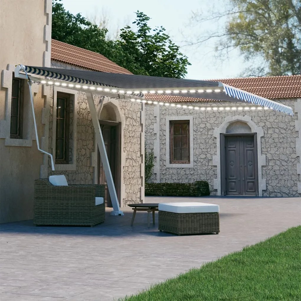 Tenda Automatica Con Sensore Vento E Led 450x300 Cm Blu Bianca /