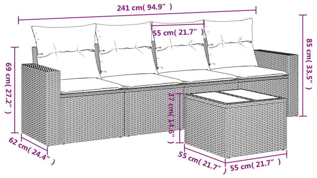 Set divani da giardino 5 pz con cuscini in polyrattan nero