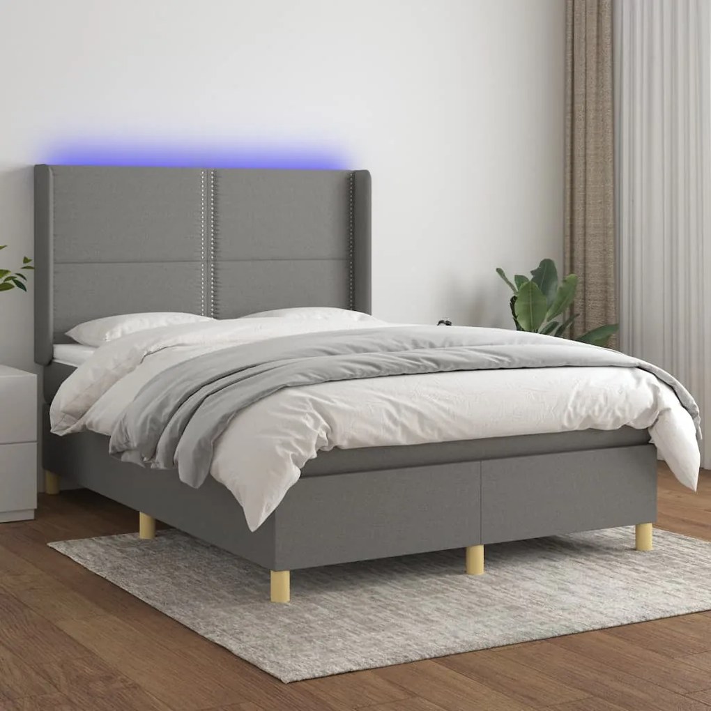 Letto a molle materasso e led grigio scuro 140x190cm in tessuto