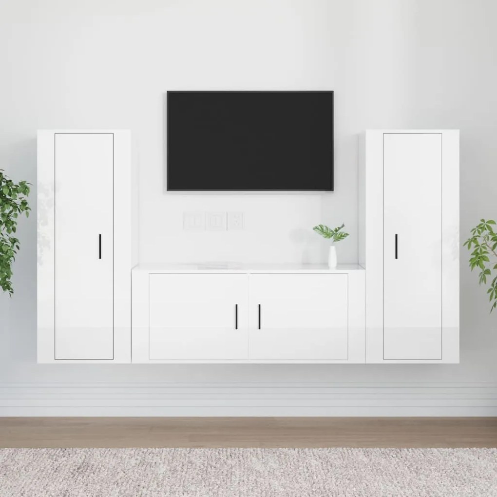 Set mobili porta tv 3 pz bianco lucido in legno multistrato