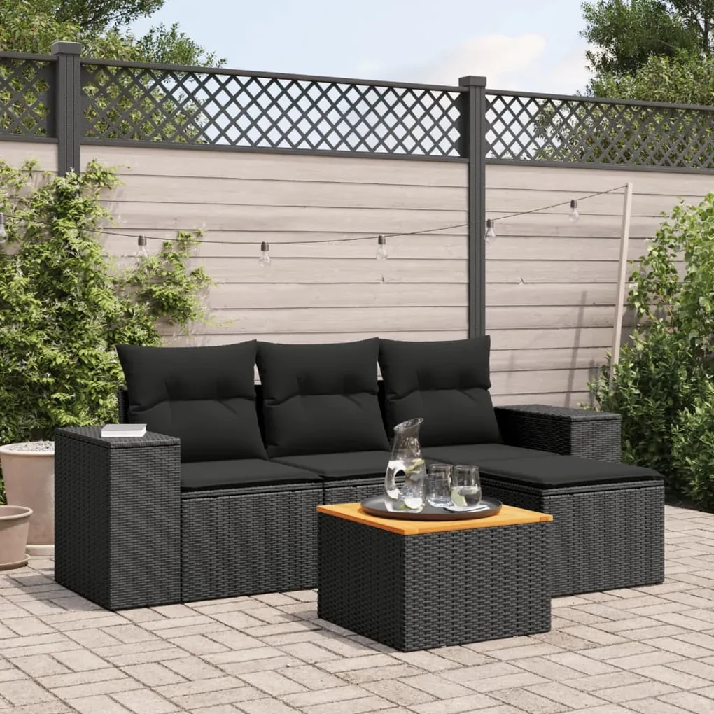 Set divani da giardino 5 pz con cuscini in polyrattan nero