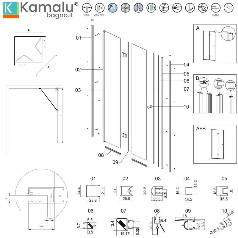 Kamalu - Box doccia 70x80 apertura soffietto 80cm e lato fisso 70cm colore nero | KS7000N