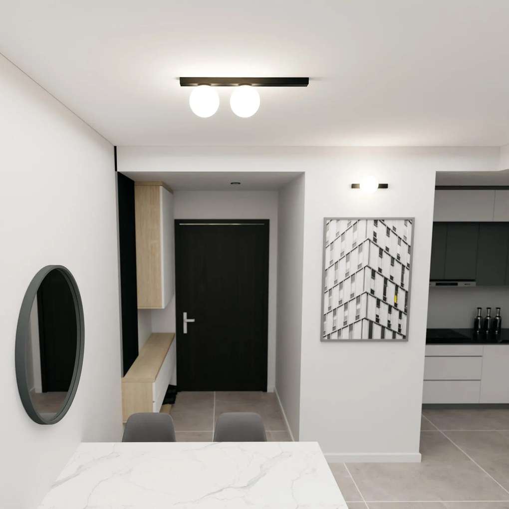 Plafoniera Moderna 2 Luci Giapeto Barra In Acciaio Nero E Sfere Di Vetro Opale
