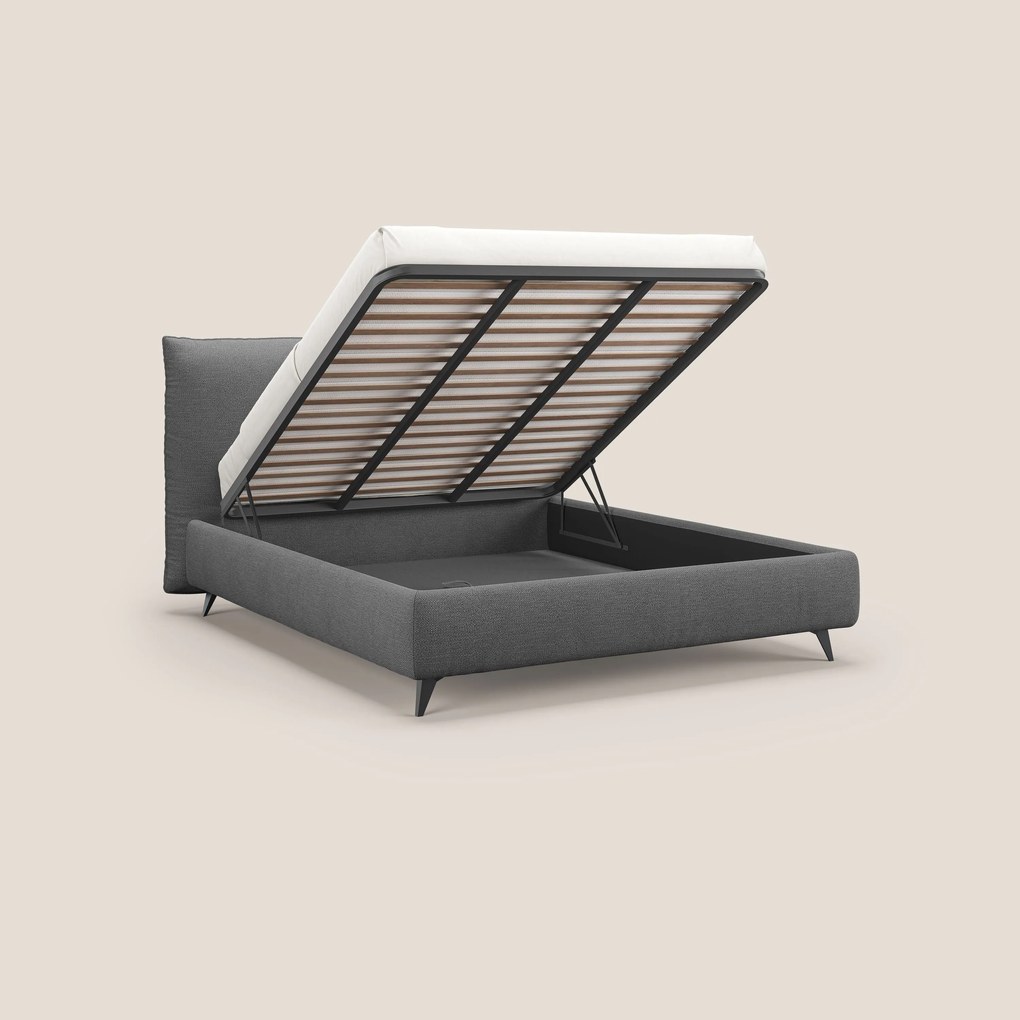 EROS letto imbottito in piuma con vano contenitore in pregiato e fresco bouclet smacchiabile T16 antracite
