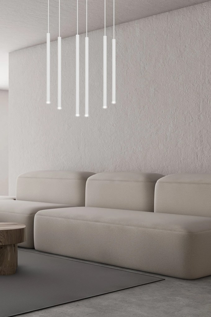 Lampadario 6 Luci Moderno Selter Acciaio Bianco E Paralumi A Cilindri Sottili