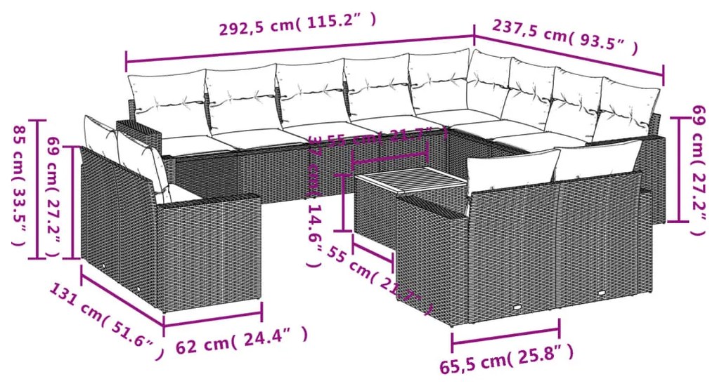 Set Divani da Giardino 13pz con Cuscini Nero in Polyrattan