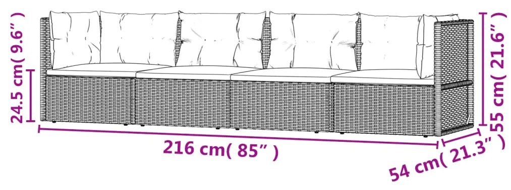 Set Divani da Giardino 4 pz con Cuscini in Polyrattan Grigio