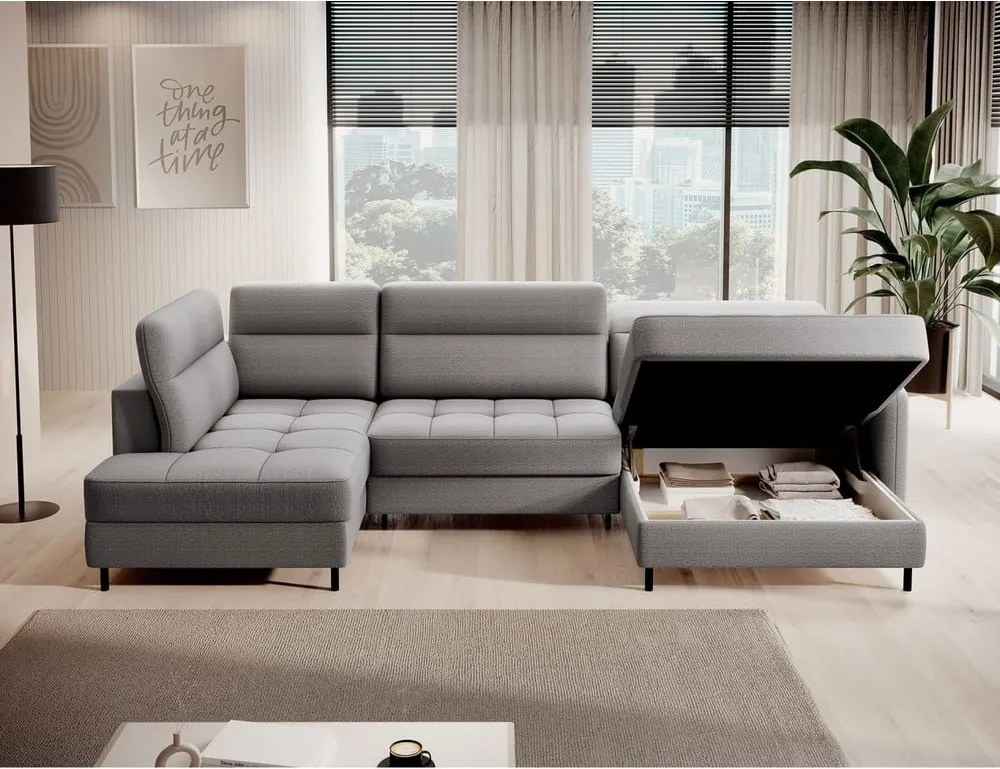 Divano angolare grigio chiaro allungabile/con contenitore (con penisola a sinistra/a U) e rivestimento in velluto Berrto – ELTAP