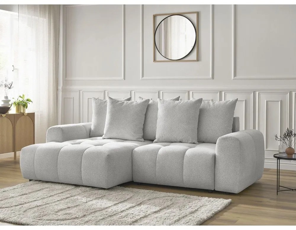 Divano angolare grigio chiaro allungabile/con contenitore (con penisola a sinistra/con chaise lounge) con rivestimento in ciniglia Roxelane – Bobochic Paris