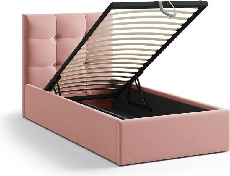 Letto singolo imbottito rosa con contenitore con rete inclusa 90x200 cm Phaedra – Micadoni