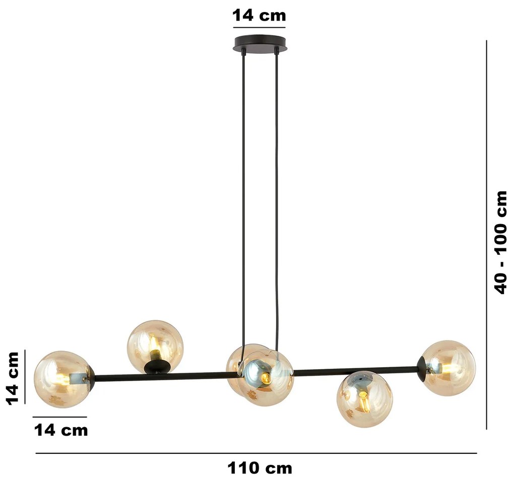 Lampadario Contemporaneo 6 Luci Durga In Acciaio Nero E Sfere In Vetro Ambra