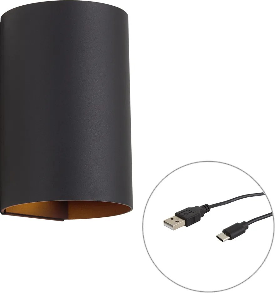 Lampada da parete moderna nera con LED integrato, dimmerabile a 3 fasi e ricaricabile - Sabbir