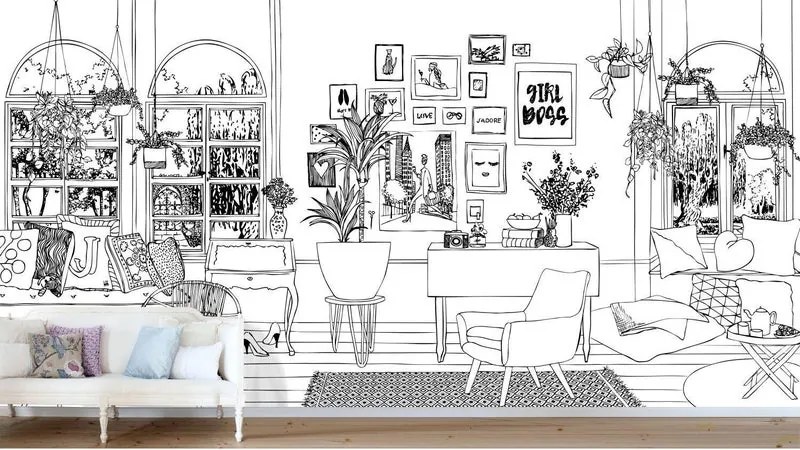 Fotomurale ESTA Disegno sala pranzo 2, nero fondo bianco 186X280 cm
