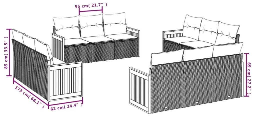 Set Divani da Giardino 12 pz con Cuscini Beige in Polyrattan