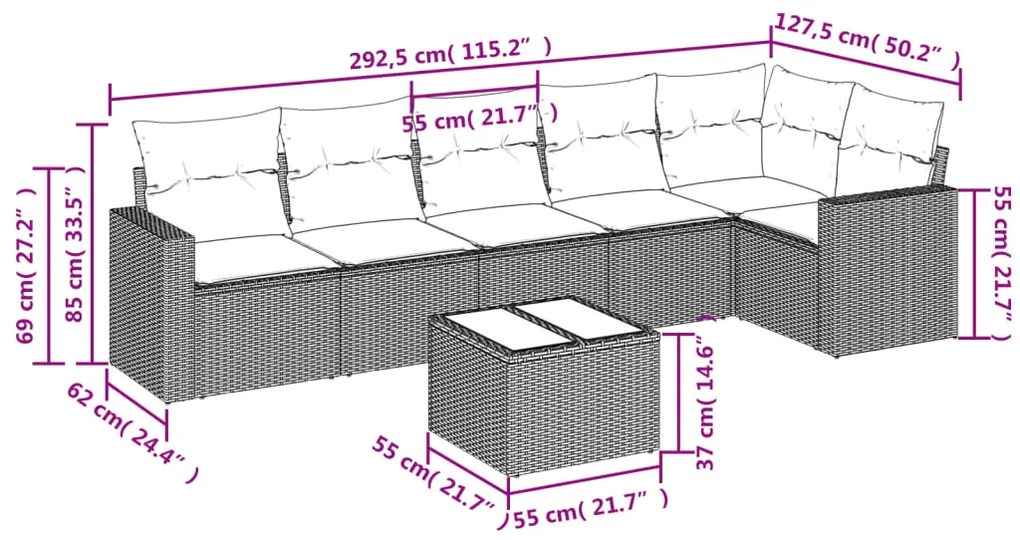 Set divani da giardino 7pz con cuscini grigio chiaro polyrattan