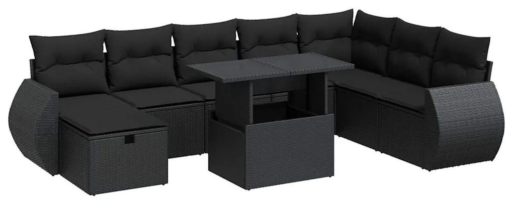 Set divani da giardino 9 pz con cuscini nero in polyrattan