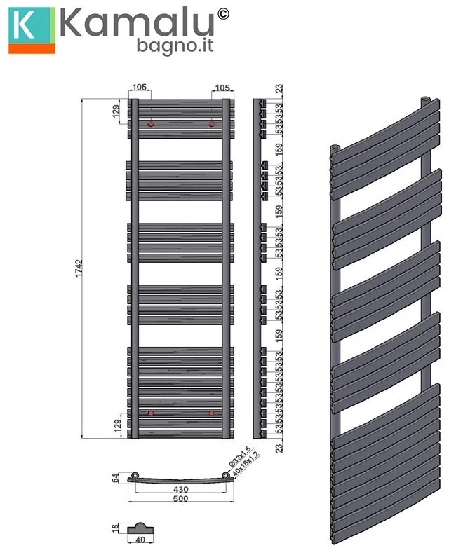 Kamalu - scalda bagno termoarredo 174x50 con tubi piatti modello kam-372