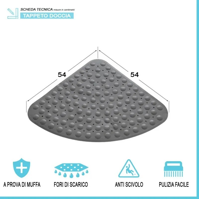 Tappeto doccia antiscivolo angolare in PVC grigio 54x54 cm