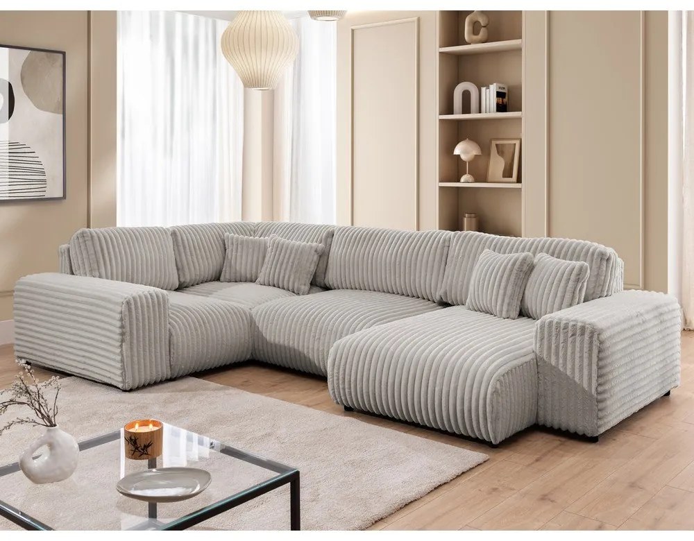 Divano angolare grigio chiaro (con penisola a sinistra/a U) rivestito in velluto a coste Justin – Ropez