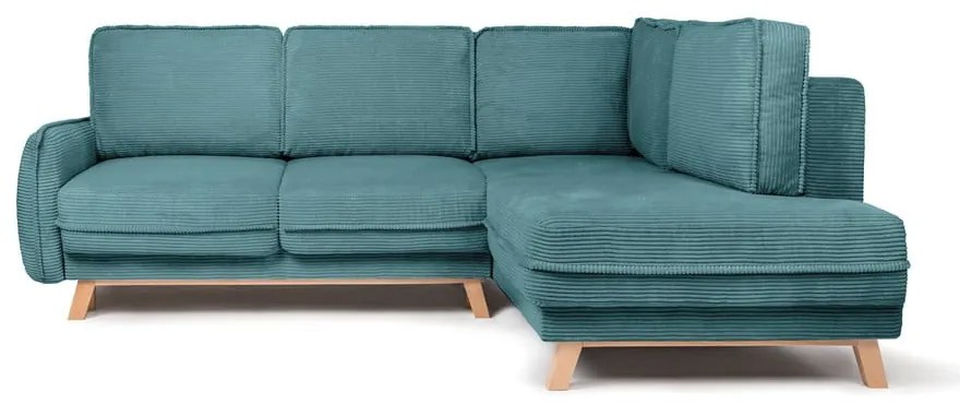 Divano angolare turchese allungabile (con penisola a destra) con rivestimento in velluto a coste Tori – Bonami Selection