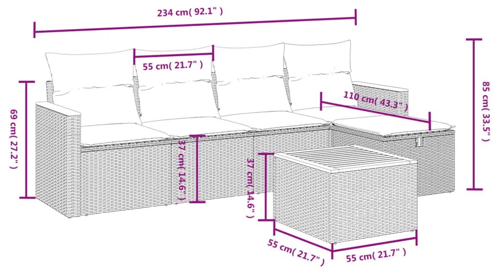 Set divano da giardino 6 pz con cuscini nero in polyrattan