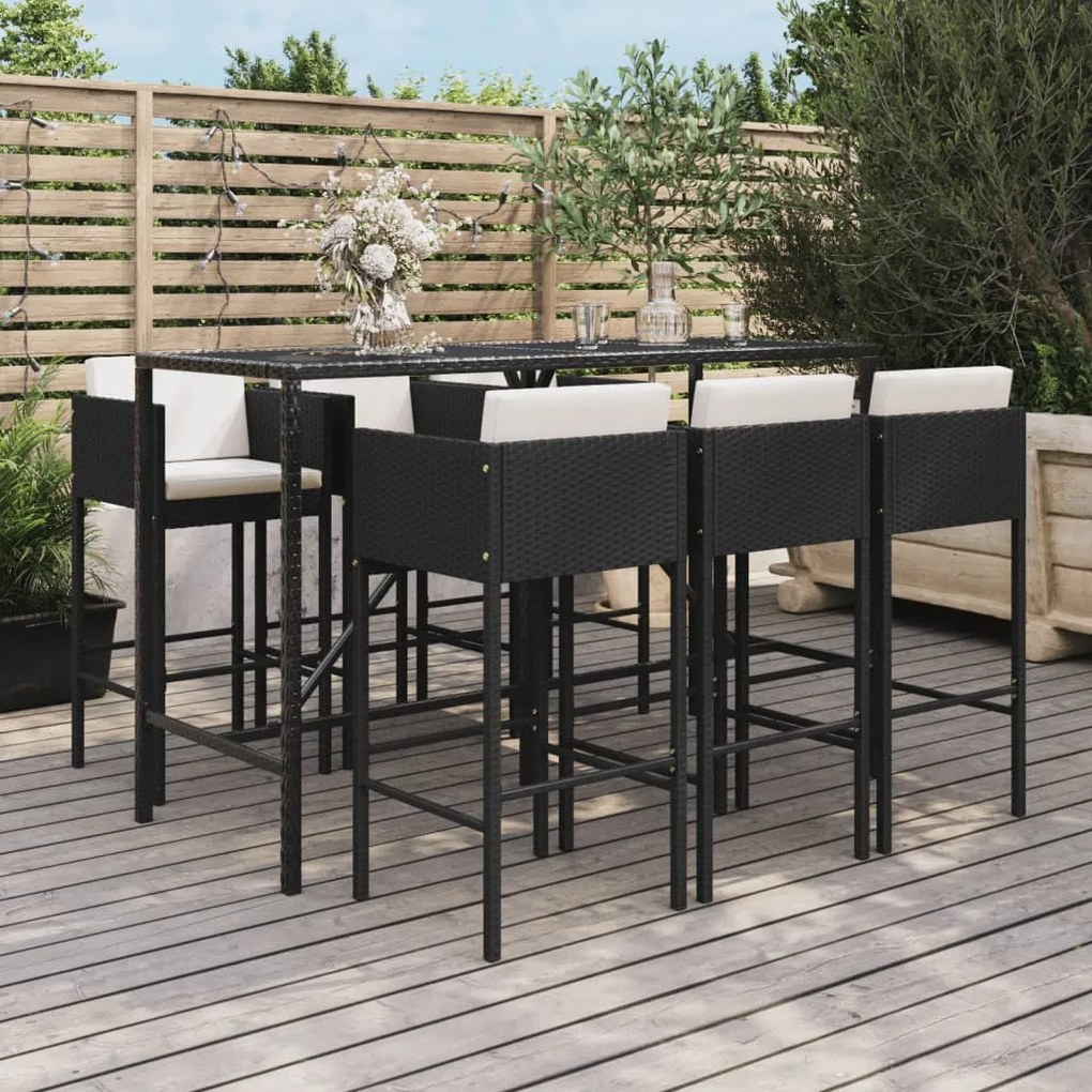 Set bar da giardino 7 pz con cuscini in polyrattan nero