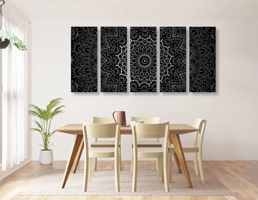 Quadri 5 pezzi – Mandala vintage in stile indiano in bianco e nero