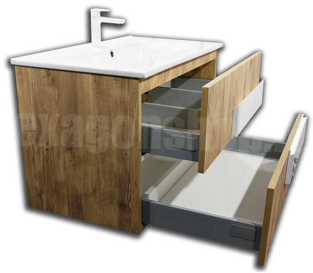 Mobile bagno rovere 80x45 Sirio due cassetti con maniglie bianche e Lavabo in ceramica