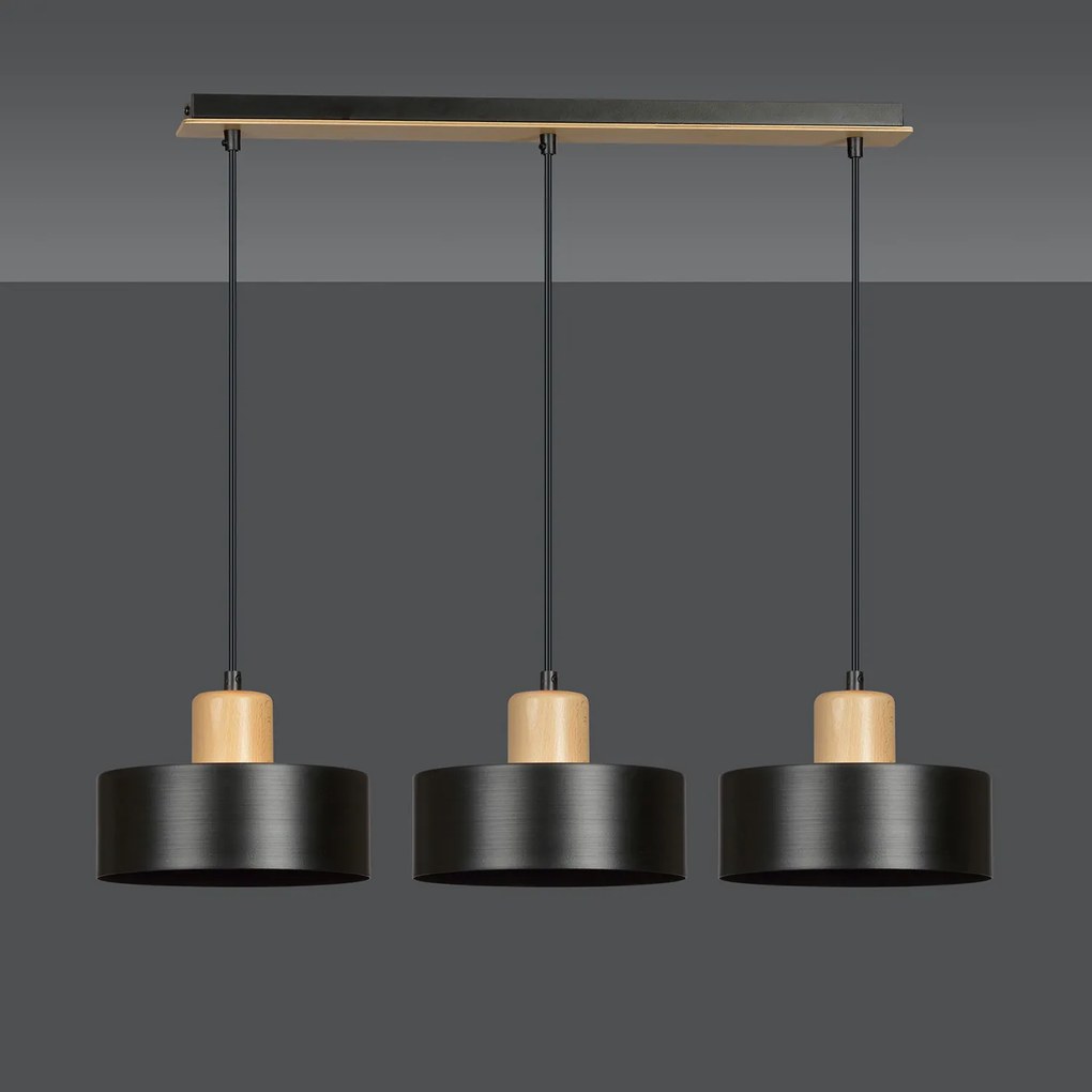 Sospensione Nordica 3 Luci Surya In Acciaio Nero E Legno