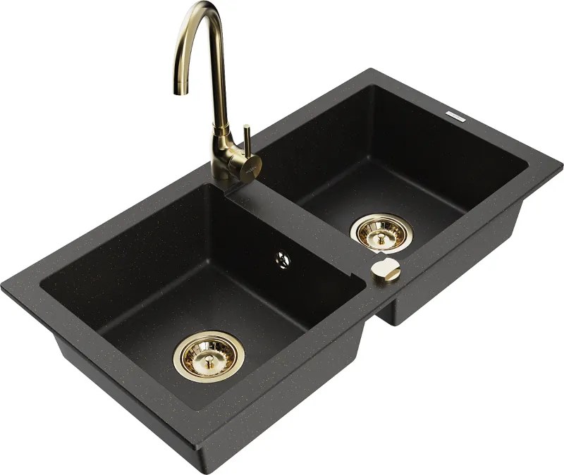 Mexen Mario lavello da cucina in granito a 2 vasche con rubinetto Telma, nero/oro - 6504-75-670200-50