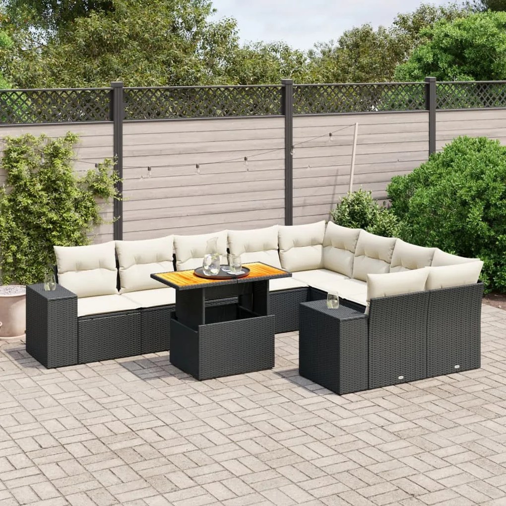 Set divani da giardino 10pz con cuscini in polyrattan nero