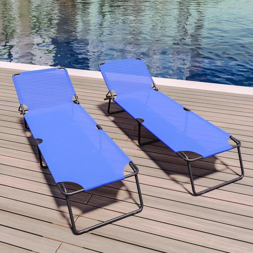 Coppia Di Lettini Pieghevoli Prendisole Senza Tettuccio Parasole Schienale Reclinabile Regolabile Struttura In Metallo Nero Sedia Sdraio Per Spiaggia Mare Giardino Piscina 187 x 53 x 24 Cm (Blue)