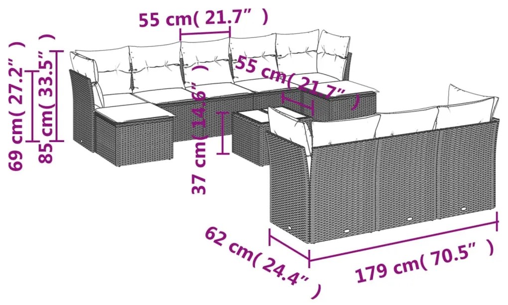 Set divani da giardino 11 pz con cuscini in polyrattan nero