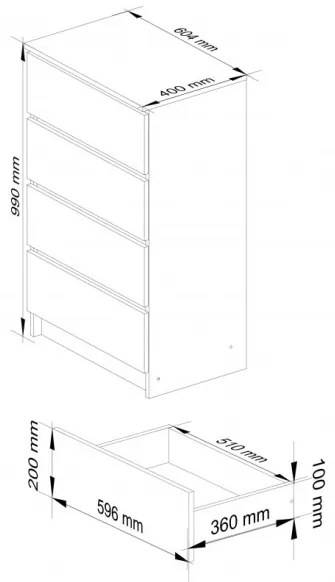 Cassettiera Moderna 60x40x100 Cm 4 Cassetti Rovere Effetto Legno Artika