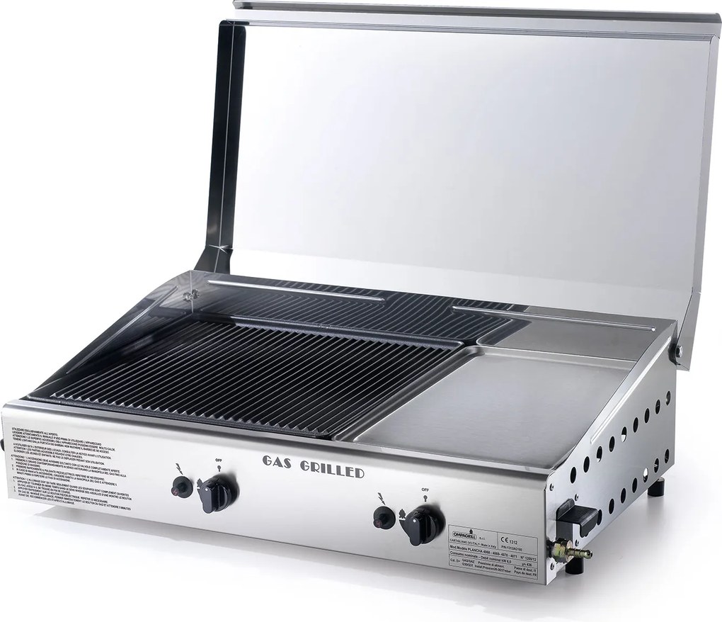 Doppia Piastra di Cottura con Cover Ompagrill Plancha Double 0470/M Alimentazione a Gas GPL e Metano con Accensione Piezoelettrica in Acciaio Inox...