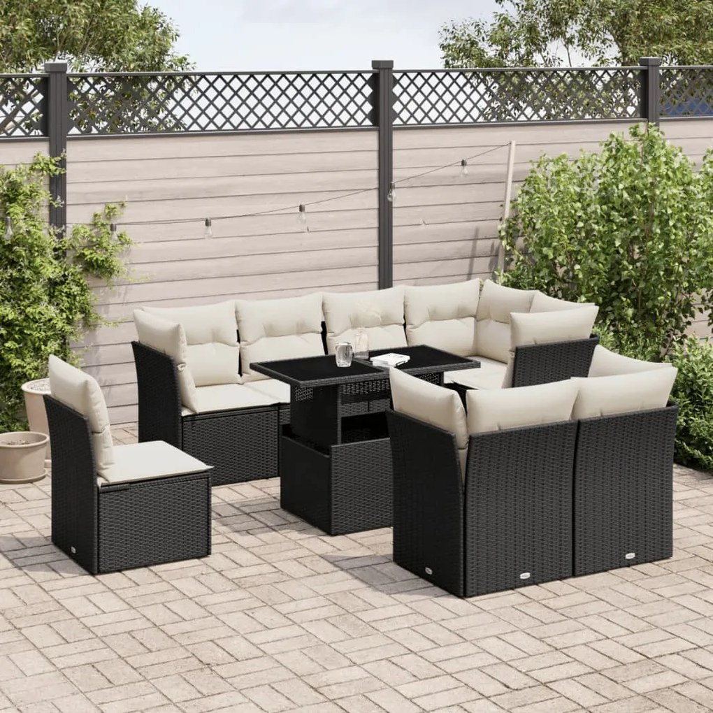 Set divani da giardino 9 pz con cuscini nero in polyrattan