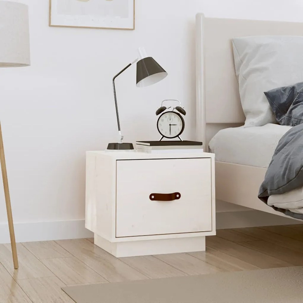 Comodino Bianco 40x34x35 Cm İn Legno Massello Di Pino /