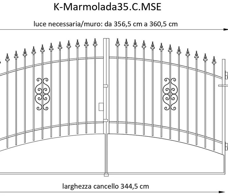 Cancello Marmolada in ferro, apertura centrale, L 358.5 x 195 cm, di colore ruggine