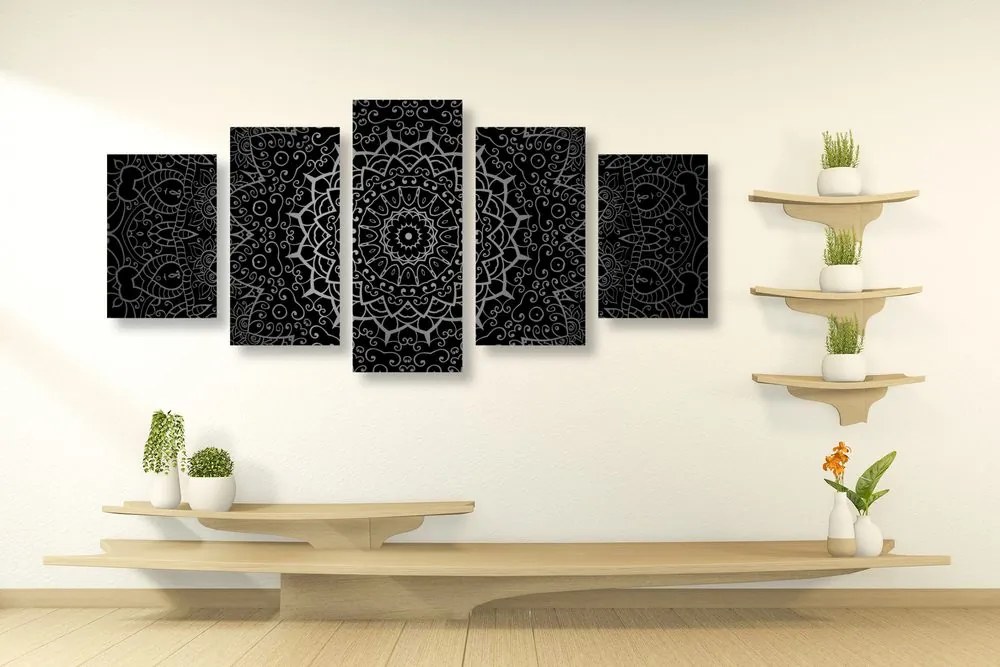 Quadri 5 pezzi – Mandala vintage in stile indiano in bianco e nero