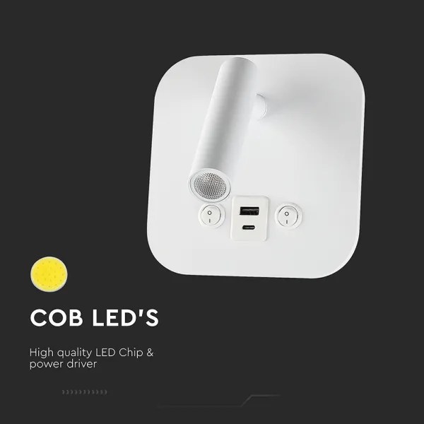 Spot da parete LED con porta USB, 8W, 230V, 3000K, bianco