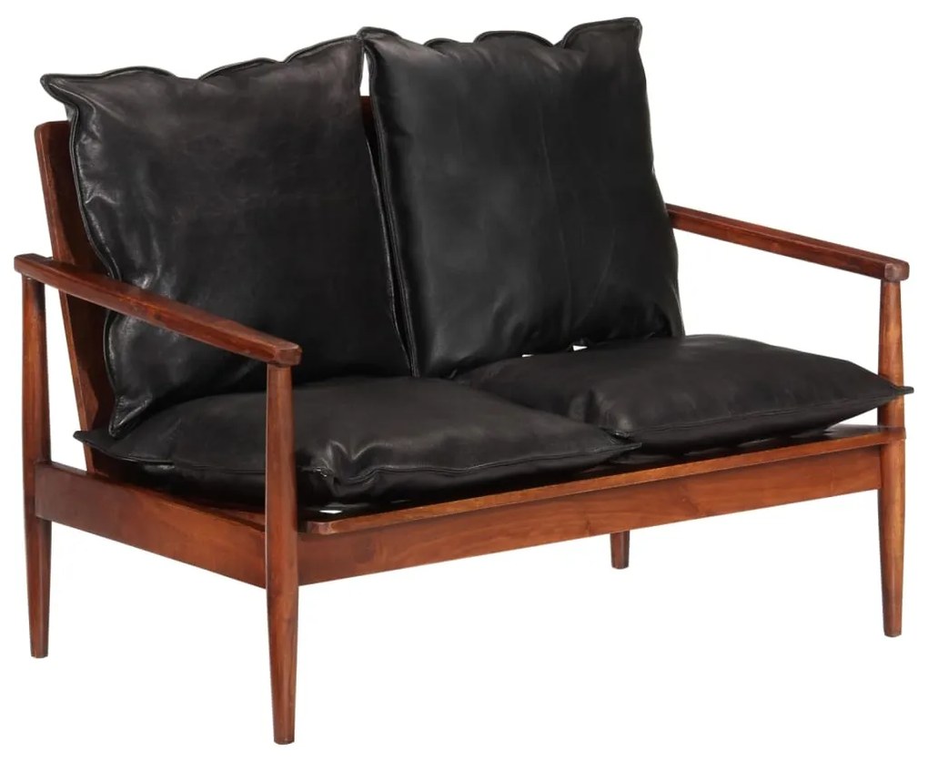 Divano 2 Posti Nero Vera Pelle E Legno Massello Acacia /