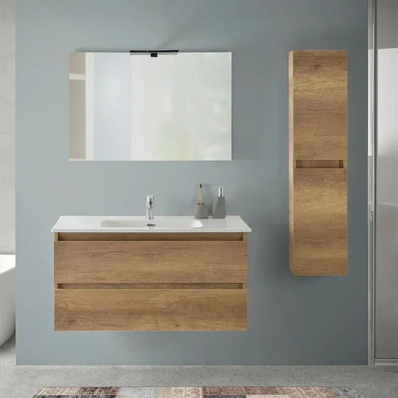 Mobile bagno sospeso 100 cm rovere naturale completo con lavabo Nadia