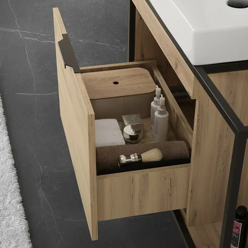 Mobile bagno sospeso 80 cm in legno e metallo nero con specchio Zante