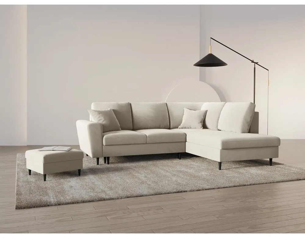 Divano angolare beige allungabile e con contenitore (con penisola a destra/a L) con rivestimento in velluto Kyoto – Cosmopolitan Design