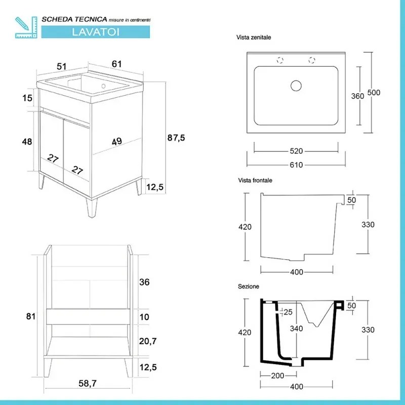 Mobile lavatoio 60x50 cm bianco lucido con vasca in ceramica Way