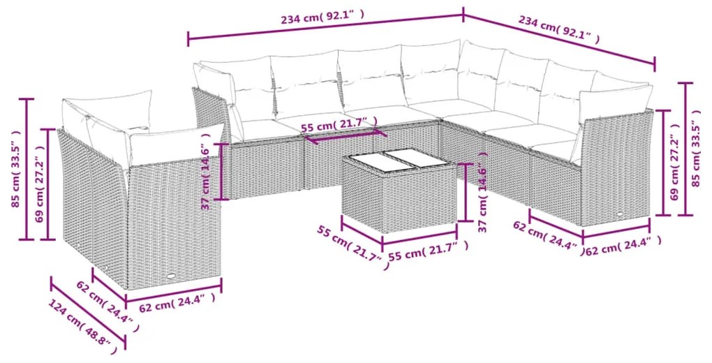 Set divano da giardino 10 pz con cuscini beige in polyrattan