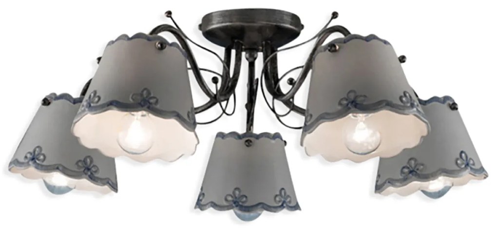 Plafoniera Classica Ravenna Metallo E Ceramica Nero Sfumato Argento 5 Luci E14