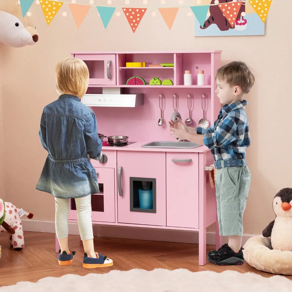 Costway Cucina giocattolo per bambini in legno, Cucina da gioco con microonde cappa aspirante lavello giocattolo 4 Colori